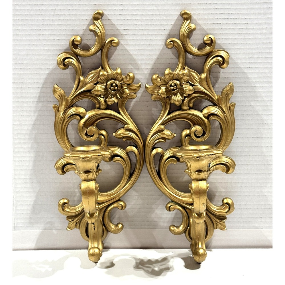 SYROCO VTG 1965 2 Gold Wall Candle Sconces 5183 Hollywood Regency Floral USA MCM